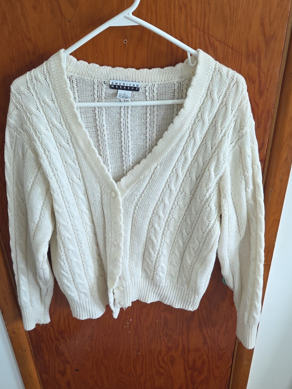 American Weekend Ivory Cable Knit Cardigan Size L Button Down Sweater